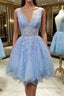 V Neck Short Blue Lace Prom Dress, Short Blue Lace Formal Homecoming Dress