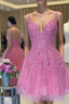 V Neck Short Pink Lace Prom Dress, V Neck Pink Lace Formal Graduation Dress