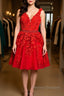 V Neck Short Red Lace Prom Dress with Beadings, Short Red Lace Formal Graduation Homecoming Dress