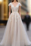 V Neck Short Sleeves Wedding Dress Lace Applique Floor Length Tulle Bridal Gowns
