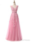 V Neck Tulle A Line Pink Evening Dress Prom Gown