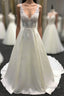 V neck White A line Lace appliques Princess Wedding Dress