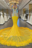 V Neck Yellow Feather Trumpet Mermaid Prom Dress