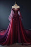 Vintage A Line Off The Shoulder Tulle Burgundy Prom Dress