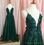 Vintage A Line Straps Appliques Lace-Up Dark Green Tulle Prom Dresses