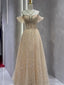 Vintage A Line Straps Champagne Tulle Long Prom Dresses Party Evening Dress