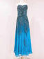 Vintage Blue A-Line Thin Strap Beaded Chiffon Long Prom Dress Evening Dress