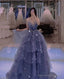 Vintage Blue Tulle Beaded Long Senior Prom Dress A-Line Blue Formal Dress
