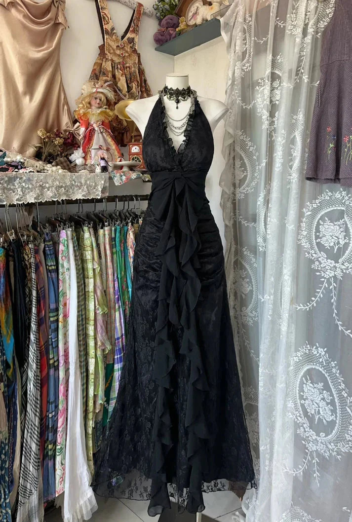 Vintage Mermaid Halter Sleeveless Long Black Lace Evening Dress Prom D –  Denver Dresses