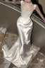 Vintage Mermaid Straps Sleeveless Satin Ivory Wedding Dress
