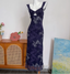 Vintage Navy Blue Spaghetti Strap Printed Lace Tulle Long Prom Dress Evening Dress