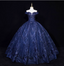 Vintage Navy Blue Off-The-Shoulder Beaded Embroidered Tulle Prom Dress Evening Dress