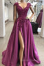 Vintage Prom Dress 90S, A-line/Princess V Neck Sleeveless Long/Floor-Length Satin Prom Dress with Appliqued Beading Split