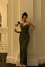Vintage Sheath Spaghetti Straps Green Satin Long Prom Dresses Evening Gowns