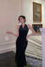 Vintage Sheath V Neckline Black Velvet Long Prom Dresses Evening Gowns