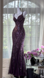 Vintage V Neck Dark Purple Chiffon Sequin Mermaid Long Party Gown Evening Dress