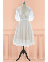Vintage V-Neck Lace Knee Length Wedding Dress With Sleeves