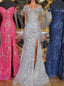 Fuchsia Off-Shoulder Sequined Floral Mermaid Long Prom Dress with Slit