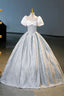 White And Gray Printed Long Ball Gown, Elegant Short Sleeve Formal Gown
