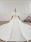 White Ball Gown Satin Puff Sleeve Wedding Dress With Long Train