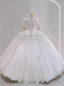 White Ball Gown Tulle Long Sleeve Appliques Backless Wedding Dress