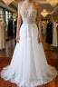 White Chiffon Tulle Appliques Lace Sweep Train Sexy Open Back Prom Dress, Lace Formal Dress