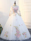 White Long Sleeve Tulle Appliques Beading Quinceanera Dresses