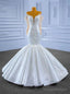 White Mermaid Satin Long Sleeve Appliques Beading Wedding Dress