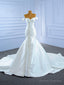 White Mermaid Satin Off the Shoulder Pearls Wedding Dress