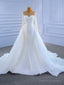 White Mermaid Tulle Long Sleeve Pearls Wedding Dress With Detachable Train
