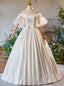 White Satin Lace Puff Sleeve Bow Off the Shoulder Wedding Dress