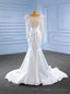 White Satin Long Sleeve Pearls Pleats Wedding Dress
