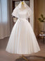 White Satin V-neck Puff Sleeve Button Wedding Dress