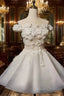 White Short Flowers Lace Short Party Dress, White Graduation Dress Prom Dress
