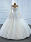 White Tulle High Neck Long Sleeve Pearls Wedding Dress