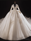 White Tulle V-neck Long Sleeve Beading Wedding Dress