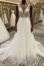 White v neck tulle sequin beads long prom Dress, A line evening Dress