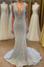 White Sequined Deep V Neck Sleeveless Glitter Prom Dress Formal Gown