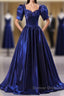Wholesale Blue Satin Floor Length Prom Dress A-Line Short Sleeve Backless Evening Party Dress