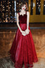 Wine Red A-Line Floor Length Velvet And Tulle Straps Evening Dress Prom Dress