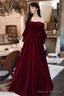 Wine Red Beaded Puffy Sleeves Long Formal Dress, Wine Red Velvet A-Line Party Dress