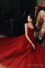 Wine Red Beaded Sweeteart Tulle Straps Long Evening Dress, Wine Red Prom Dresses