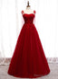 Wine Red Beaded Sweetheart Tulle Floor Length Party Dress, Wine Red Long Prom Dress