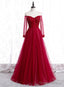 Wine Red Long Sleeves Beaded Tulle Evening Gown, A-line Wine Red Long Prom Dress