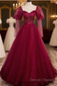 Wine Red Long Sleeves Tulle Evening Gown Prom Dress, Dark Red Beaded Party Dress