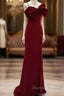 Wine Red Mermaid Evening Gown With Leg Slit, Straps Long Prom Dress