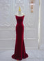 Wine Red Mermaid Straps Long Evening Dress, Wine Red Velvet Party Dress