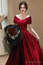Wine Red Satin A-Line Off Shoulder Long Party Dress, Wine Red Simple Prom Dress