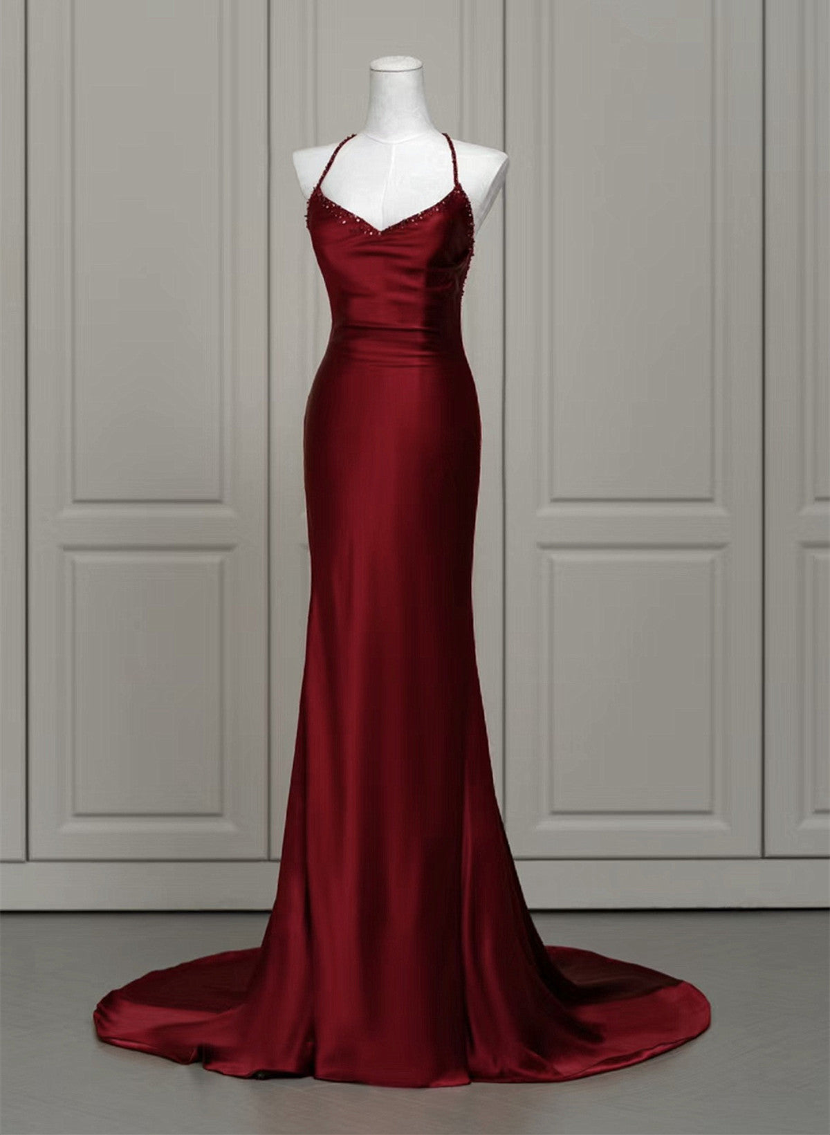 Wine Red Satin Mermaid Straps Low Back Prom Dress, Wine Red Evening Dr – Denver Dresses