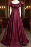 Wine Red Satin Off Shoulder Long Party Dress, Wine Red Satin Prom Dress